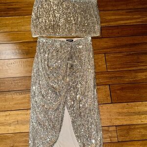 Express Silver Sequin Midi Skirt and Blouse Set